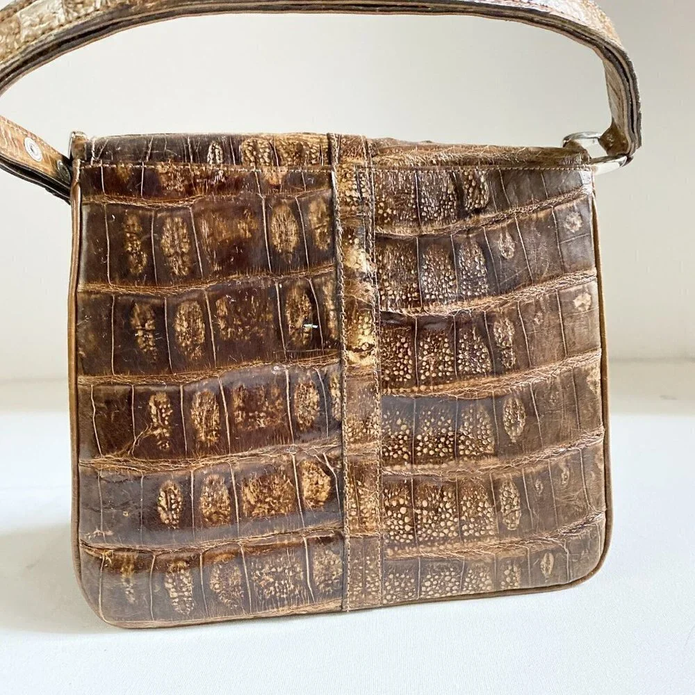 Vintage 50s 60s Faux Croc Skin Brown Square Handbag
